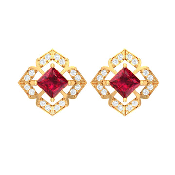 Princess Cut Created Ruby and Diamond Square Stud Earrings