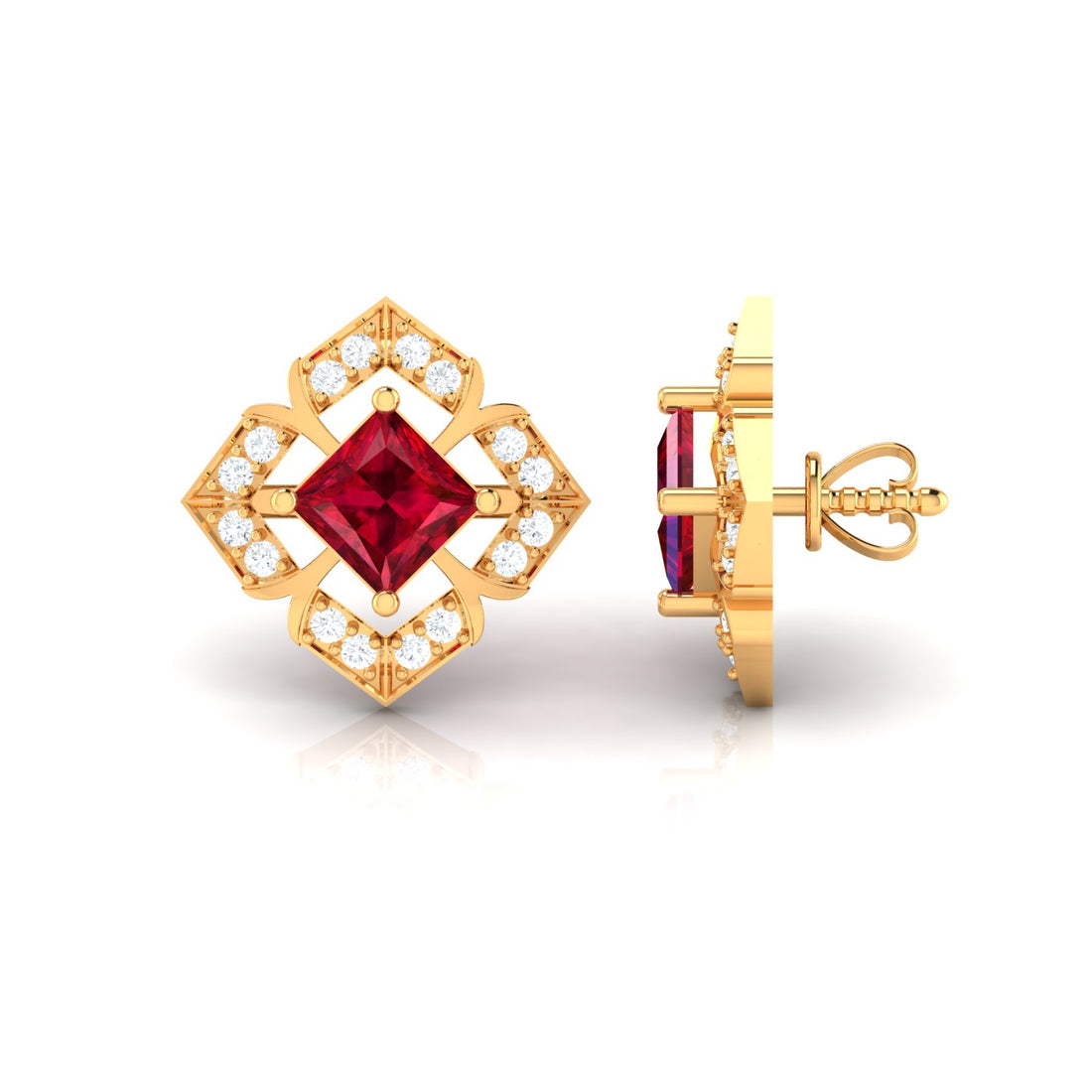 Princess Cut Created Ruby and Diamond Square Stud Earrings